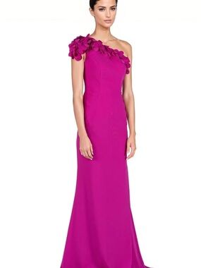 Rene Ruiz One-Shoulder Floral Appliqué Gown - Fuchsia Sz 6 NWT